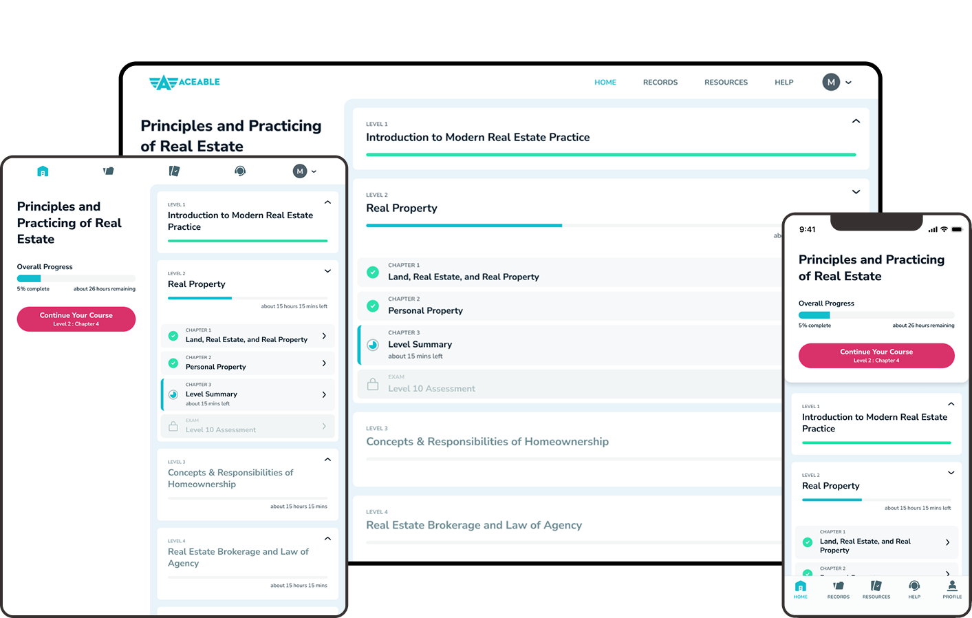 Responsive course dashboard showing student progress, time estimates, and a continue button across device sizes